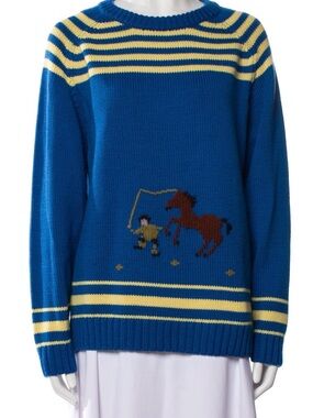 BODE Blue Striped Crewneck Sweater with Horse & Rider Knit Motif